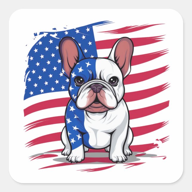Sticker Carré Dessin d'un bulldog français avec drapeau américai (Devant)