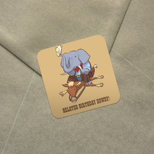 Sticker Carré Dessin humy Cowboy Elephant Funny Horse Rider Ride