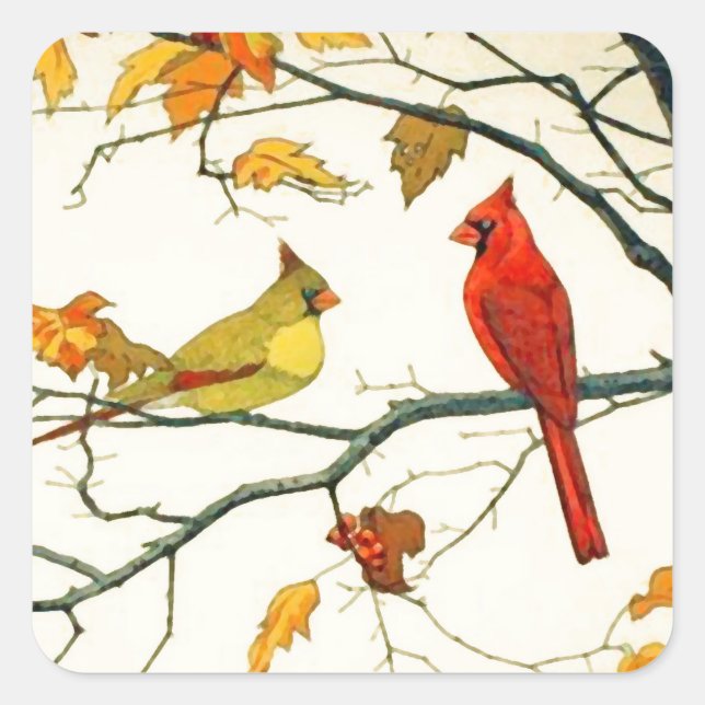 Sticker Carré Dessin japonais vintage, Cardinaux sur une branche (Devant)