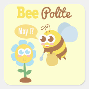 Sticker Carré Dessin : Jolie abeille ramassant le nectar de la f