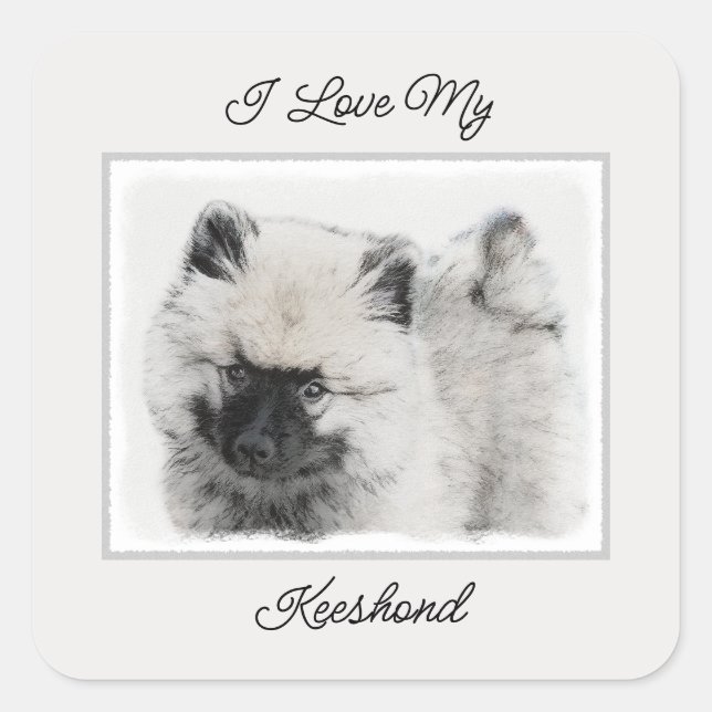 Sticker Carré Dessin Keeshond Chiot - Joli dessin original Chien (Devant)
