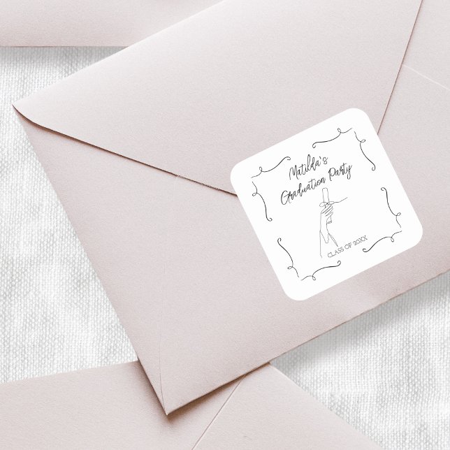 Sticker Carré Dessin main Doodle Black & White Graduation Party (Hand Drawn Doodle Black & White Graduation Party Square Sticker)