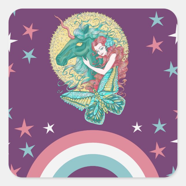 Sticker Carré Dessin Sweet Girl Et Unicorne (Devant)