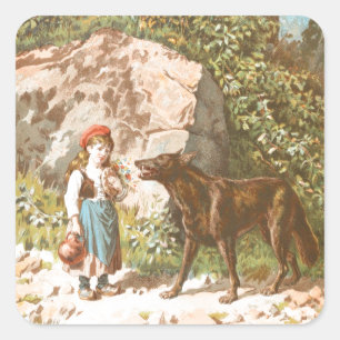Sticker Carré Dessin vintage : Capuchon rouge et le loup
