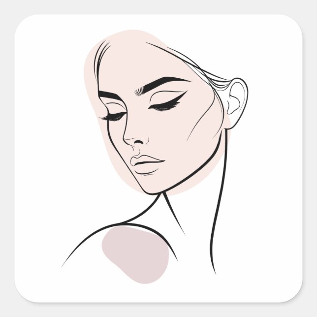 Sticker Carré Dessin Visage Femme D'Une Ligne No3 (Avec Couleur) (Devant)