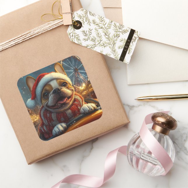 Sticker Carré Dessous de verre à rouleaux de chien de boîte Noël (Cadeaux)