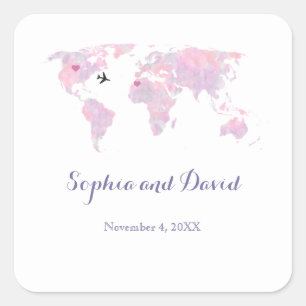 Sticker Carré Destination Mariage Voyage Aquarelle Carte du mond