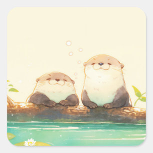 Sticker Carré Deux adorables bébés loutres endormies sur une bûc