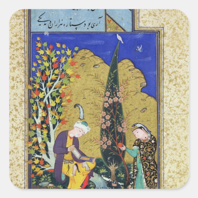 Sticker Carré Deux amoureux dans un verger en fleurs (Devant)