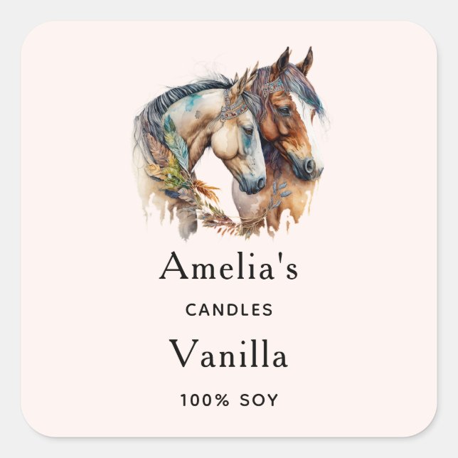 Sticker Carré Deux Beaux Chevaux Western Boho Candle Business (Devant)
