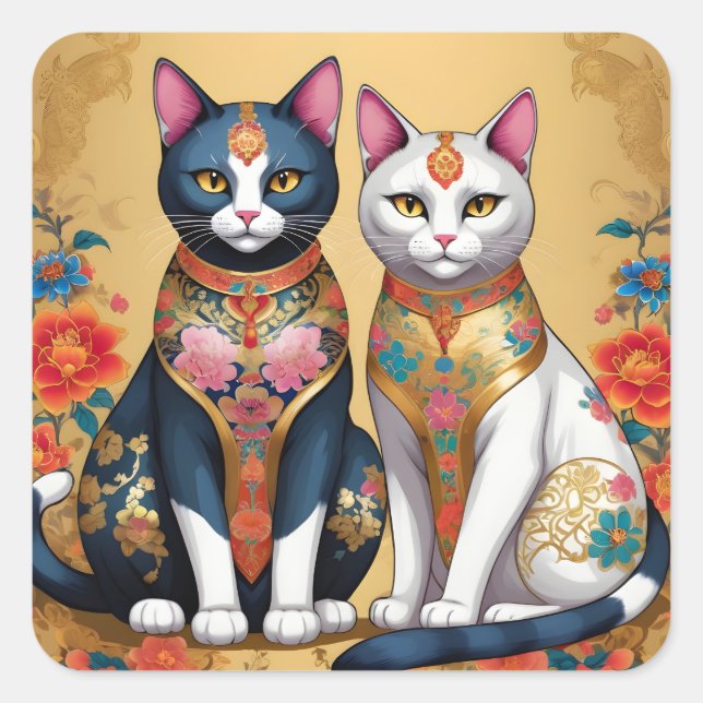 Sticker Carré Deux chats fleuris décoratifs (Devant)