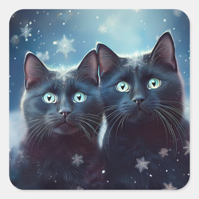 Sticker Carré Deux Chats Noirs Qui Se Font Enneiger (Devant)