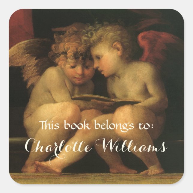 Sticker Carré Deux Cherubs Lecture par Rosso Fiorentino Bookplat (Devant)