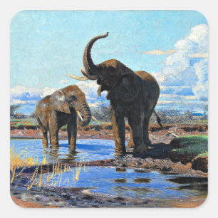 Sticker Carré Deux éléphants d'Afrique au point d'eau