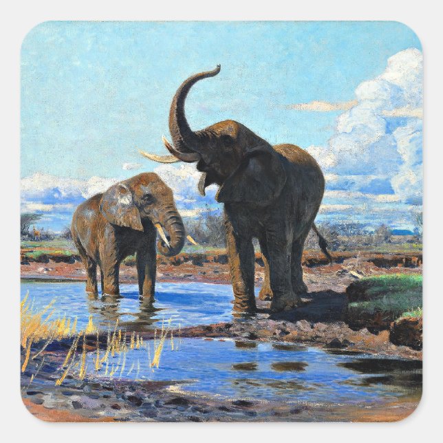 Sticker Carré Deux éléphants d'Afrique au point d'eau (Devant)