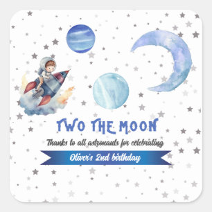 Sticker Carré Deux Fusée Lune Espace Bleu Garçon 2ème Anniversai