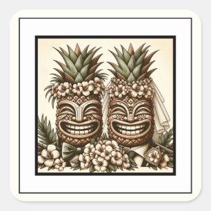 Sticker Carré Deux mariés Tête de Tiki d'ananas gay Mariage rétr