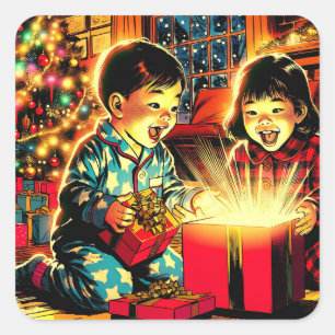 Sticker Carré Deux mignons enfants d'Asie Vintage Noël