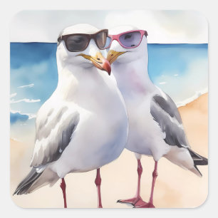 Sticker Carré Deux Mignons Mouettes En Amour
