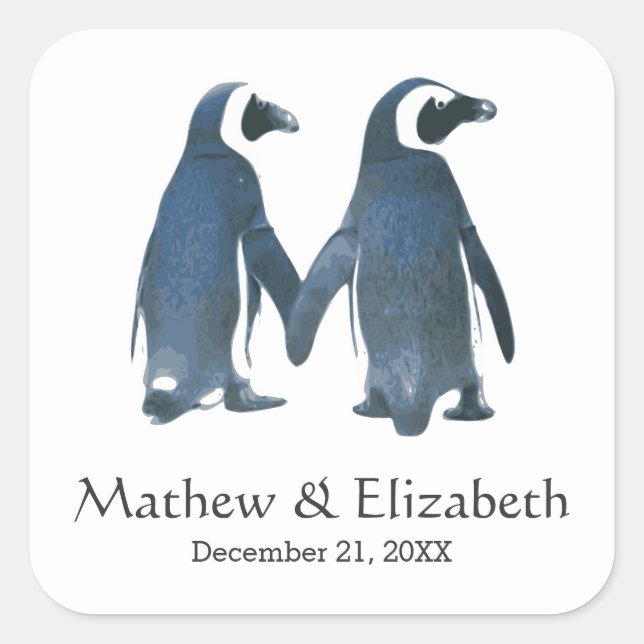Sticker Carré Deux mignons pingouins | Mariage romantique (Devant)