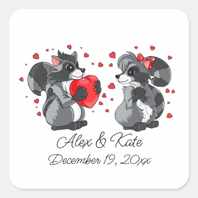 Sticker Carré Deux mignons Raccoons | Mariage romantique (Devant)