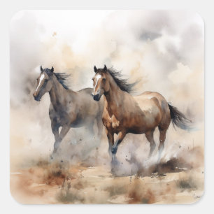 Sticker Carré « Deux mustangs sauvages » Aquarelle occidentale p