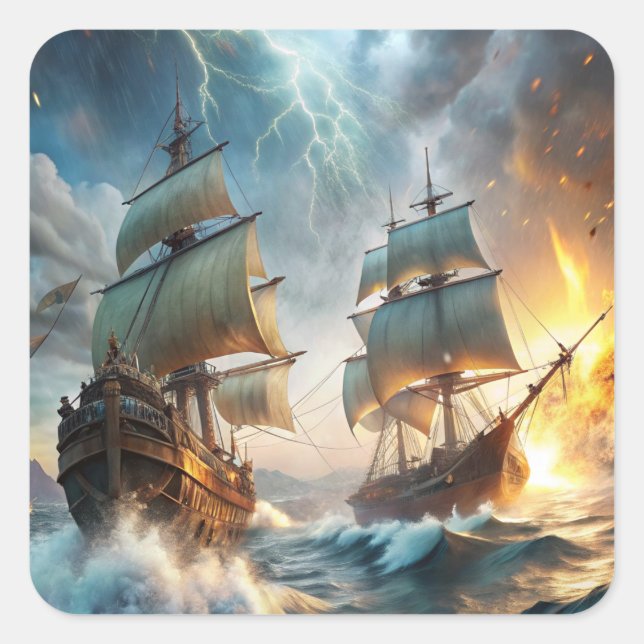 Sticker Carré Deux navires en mer (Devant)