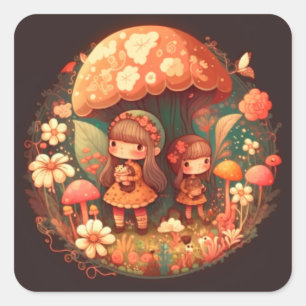 Sticker Carré Deux petites filles adorables elfes