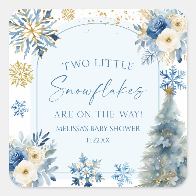Sticker Carré Deux petits flocons de neige Baby shower jumeaux d (Devant)