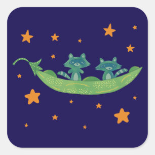 Sticker Carré Deux ratons laveurs dans une cosse de pois Art f