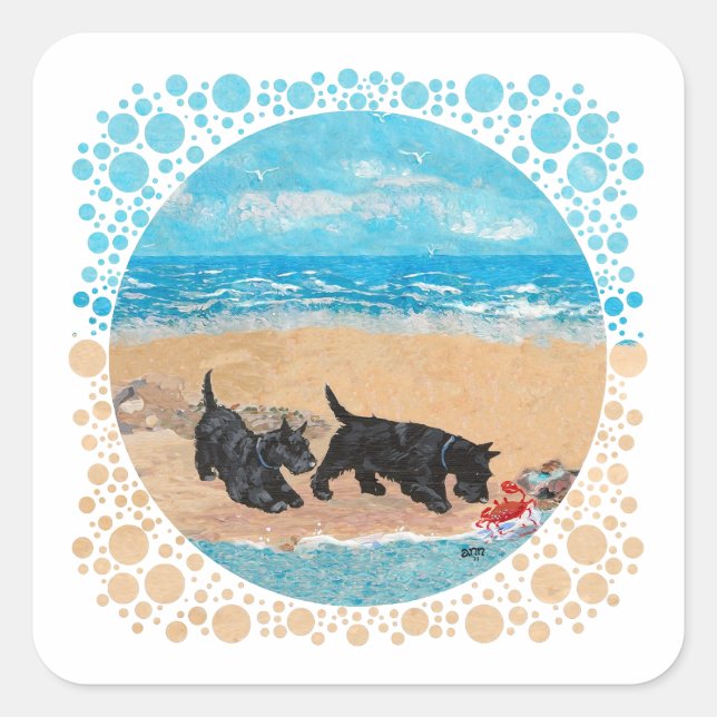 Sticker Carré Deux Scotties à la plage (Devant)