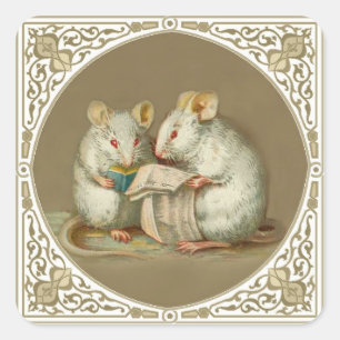 Sticker Carré Deux souris anthropomorphes blanches lisant