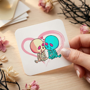 Sticker Carré Deux squelettes romantiques baiser avec coeur rose