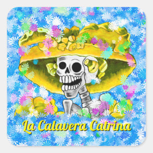 Sticker Carré Dia De Los Muertos Calavera en Bonnet Jaune