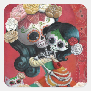 Sticker Carré Dia de Los Muertos Skeletons Mère et fille