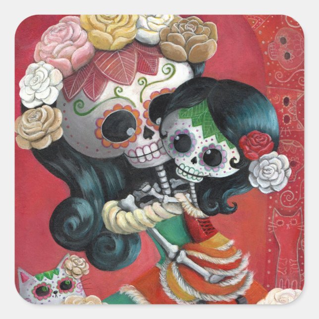 Sticker Carré Dia de Los Muertos Skeletons Mère et fille (Devant)