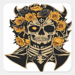 Sticker Carré Día de Muertos Crâne Orange et Fleurs Noires Des