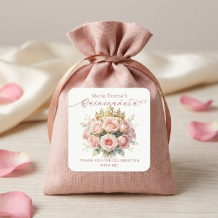 Sticker Carré Diadème Quinceañera Or Rose Pastel Aquarelle