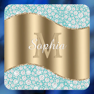 Sticker Carré Diamants Glam sur sarcelle, Monogramme doré, Nom e