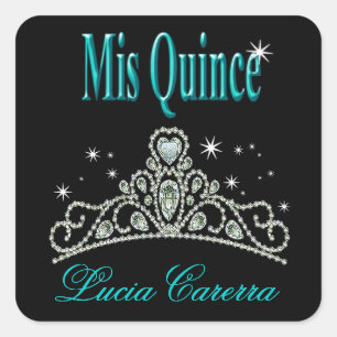 Sticker Carré Diamond Tiara Quinceañera (black/aqua)