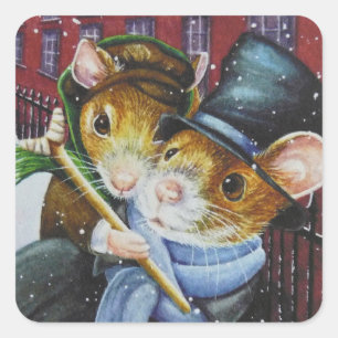 Sticker Carré Dickens Christmas Carol Mice Watercolor Art
