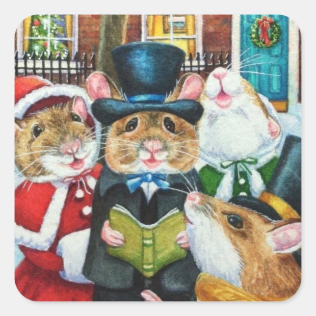 Sticker Carré Dickens Christmas Caroling Mice Watercolor Art (Devant)
