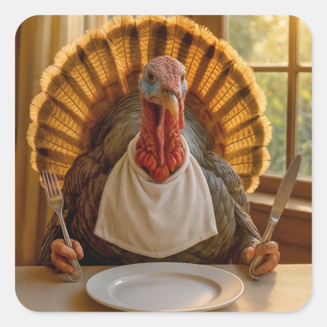 Sticker Carré Dinde de Thanksgiving avec couteau et fourchette (Devant)