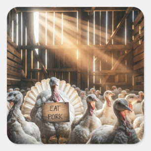 Sticker Carré Dinde de Thanksgiving avec un panneau drôle