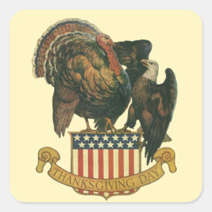 Sticker Carré Dinde de Thanksgiving vintage, aigle, drapeau amér