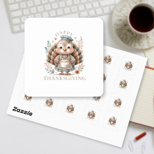 Sticker Carré Dinde Floral Chic Joyeux Thanksgiving