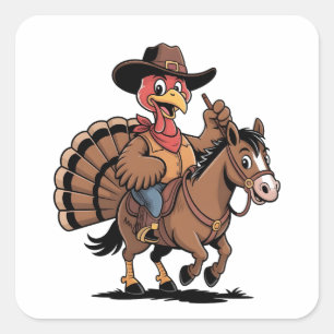 Sticker Carré Dindon chevauchant un cheval cowboy dindon de Than