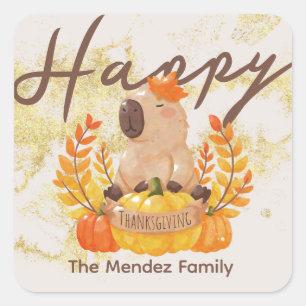 Sticker Carré Dîner de Thanksgiving de la famille des capybaras