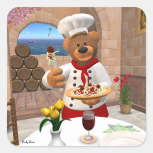 Sticker Carré Dinky Bears Chef : Spaghetti avec boulettes de via
