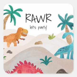 Sticker Carré Dinos Peint fête d'anniversaire